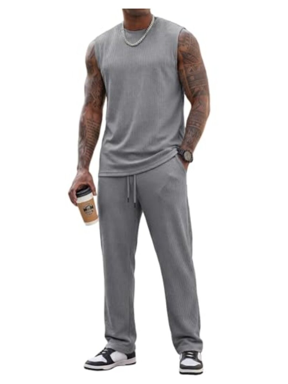 Men's 2 Piece Tank Top and Baggy Pants Set, 95% Polyester 5% Elastane, Pull On